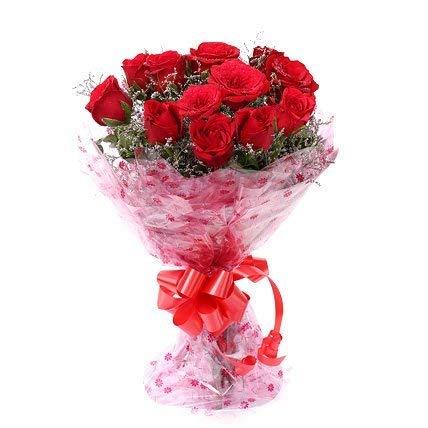 Fresh Flowers 8 Red Roses Bouquet In Wrapping With Message
