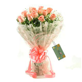 Fresh Flower Bouquet of 8 Pink Roses Cellophane Wrapping With Message