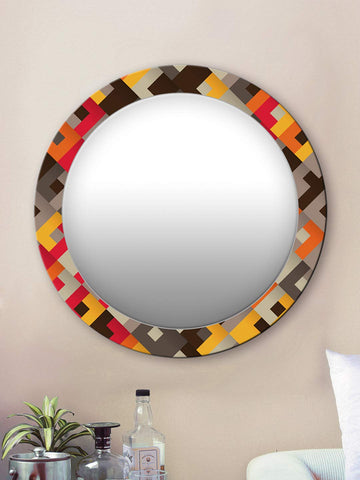 Yellow and Brown Abstract Round Mirror